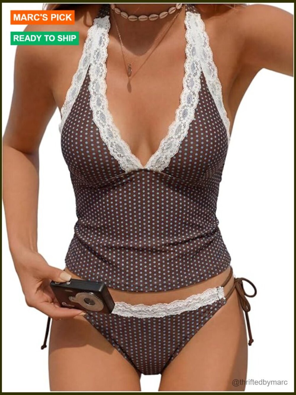 Womens 2 Piece Tankini Set Polka Dot Lace Tie Backless Halter Swimsuit